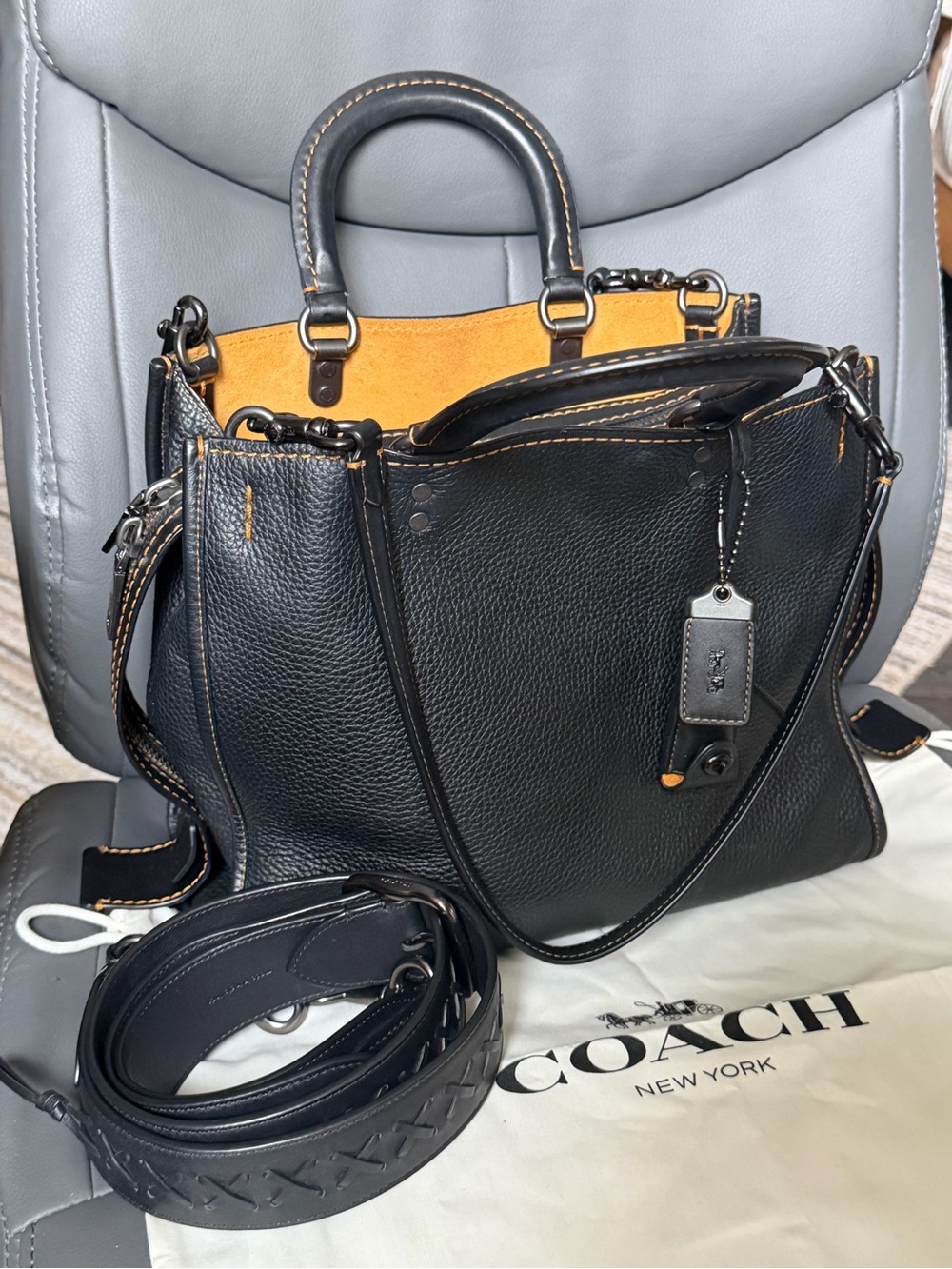 Coach 1941 Rogue 30 Black Pebbled Leather Satchel Gunmetal Hardware Suede
